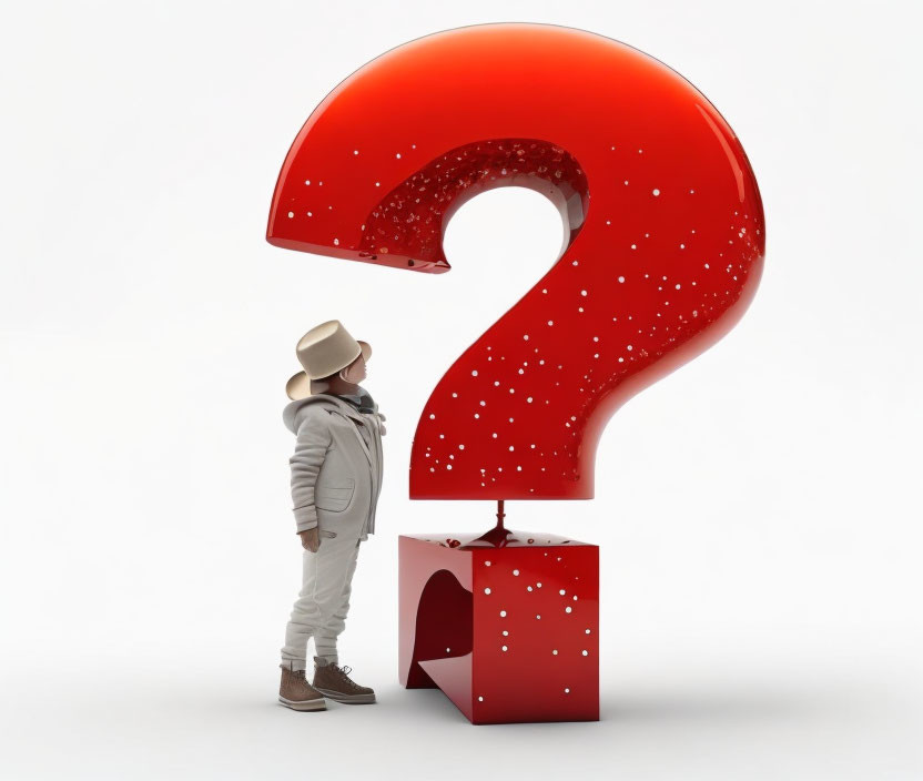 Person in hat gazes at giant red question mark on white background