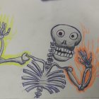 Skeleton Sticker with Flaming Head and Hands on White Surface