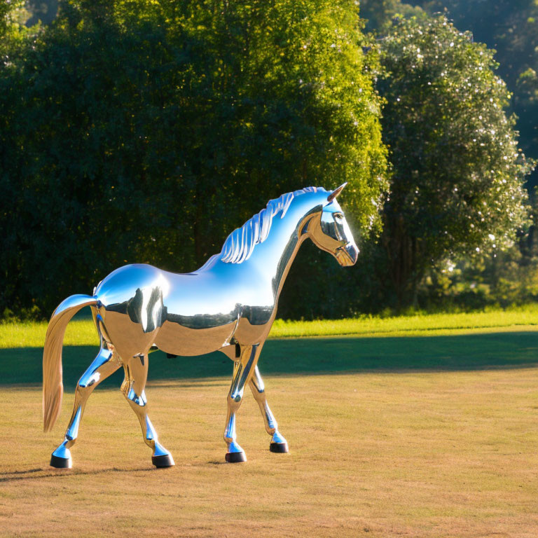 Metallic Horse Sculpture with Blue Mane on Grassy Field