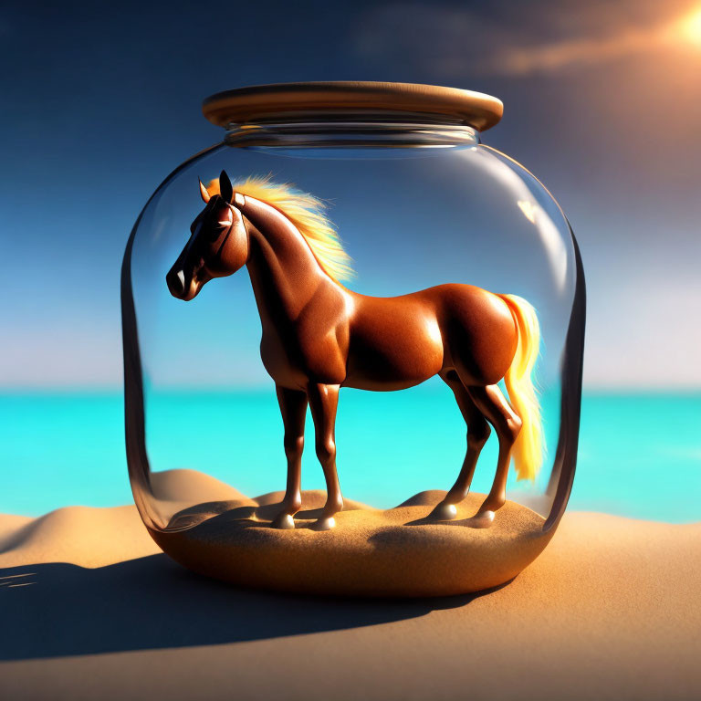 Chestnut horse with flaxen mane in glass jar on sandy beach