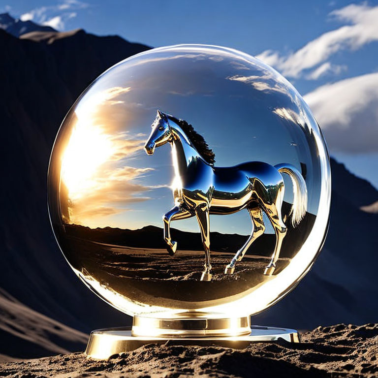 Transparent Sphere with Gleaming Horse Figurine and Desert Sunset Background