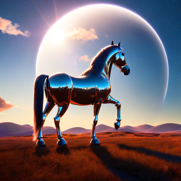 Reflective metallic horse in grassy field with large crescent planet.