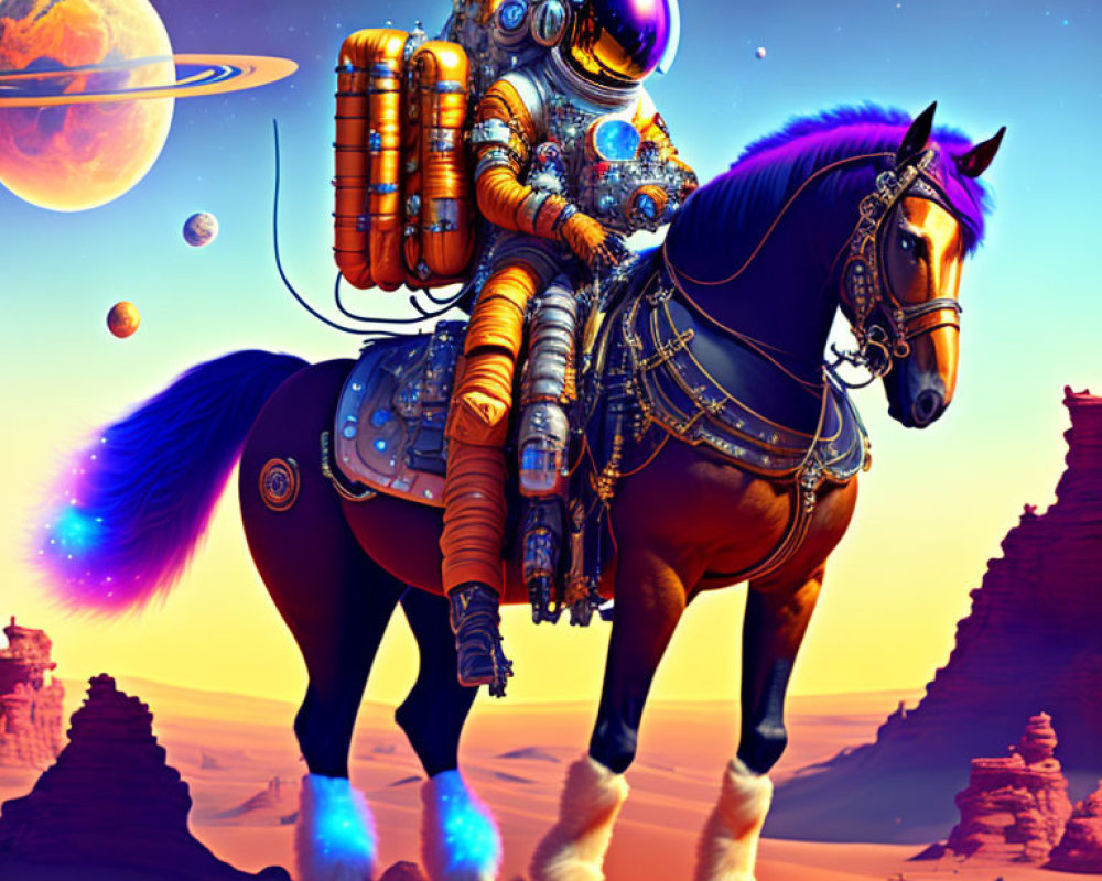 Detailed astronaut in spacesuit riding horse in alien desert with moons and planets.