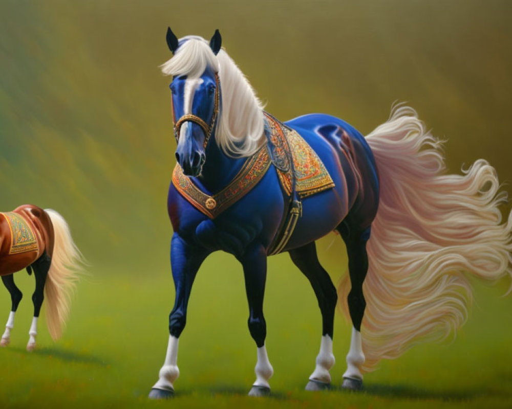 Majestic white horse with flowing mane and blue blanket, alongside smaller brown horse on green backdrop