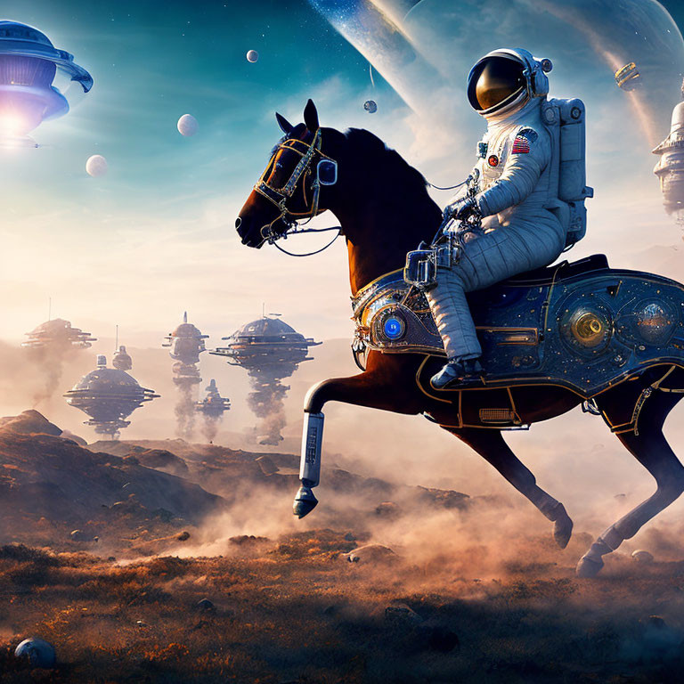 Astronaut on mechanical horse explores alien planet with floating cities and spaceships