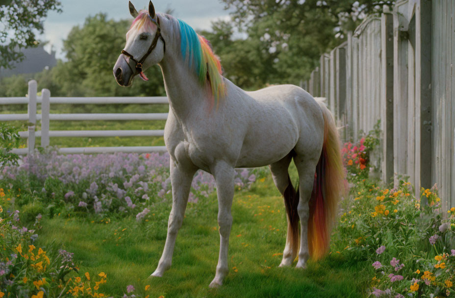 White horse with rainbow mane in green meadow with purple flowers