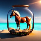 Chestnut horse with flaxen mane in glass jar on sandy beach