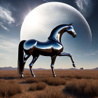 Reflective metallic horse in grassy field with large crescent planet.