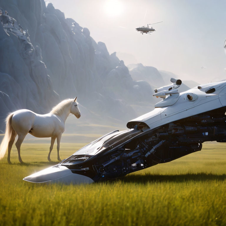 White horse beside futuristic black and white spaceship on grassland with mountains and flying ship