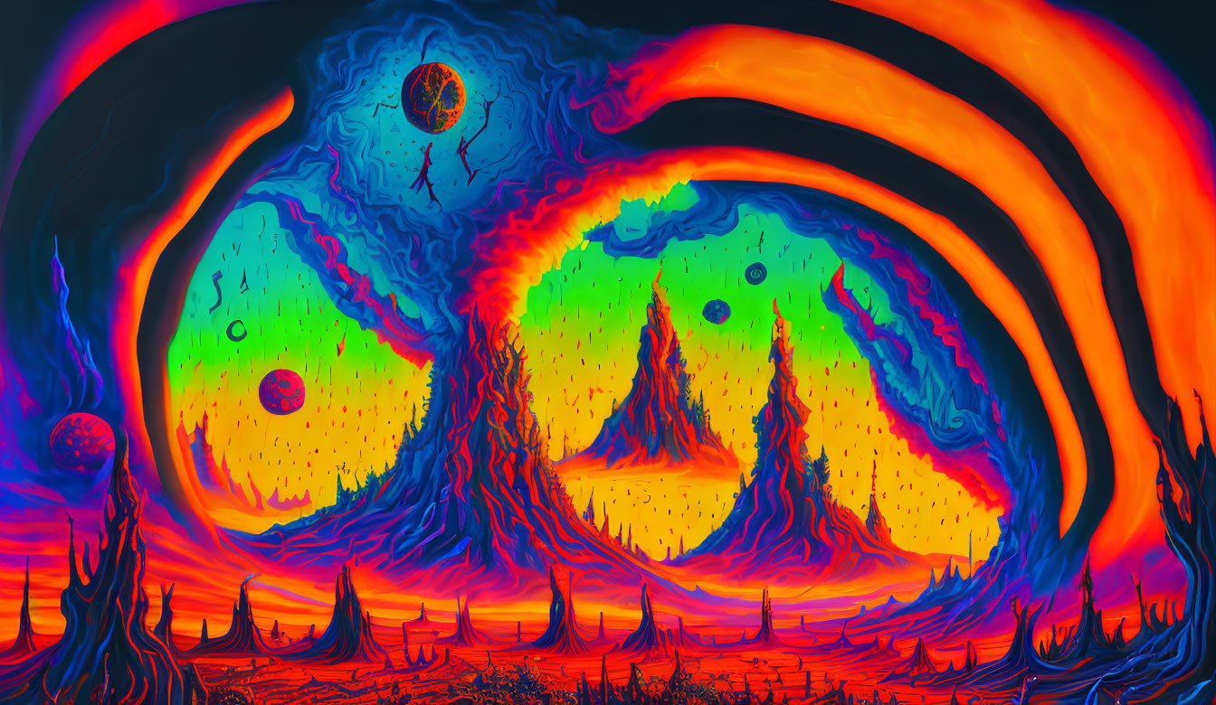 Psychedelic landscape with fiery skies, eye-like celestial bodies, and eerie tree silhouettes