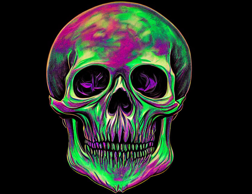 Colorful Neon Skull on Black Background: Vibrant Green, Purple, and Pink Hues