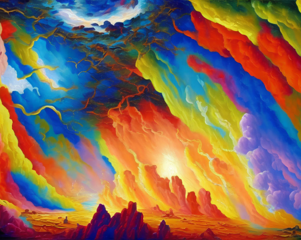 Surreal painting: colorful ribbons in sky over rock silhouettes