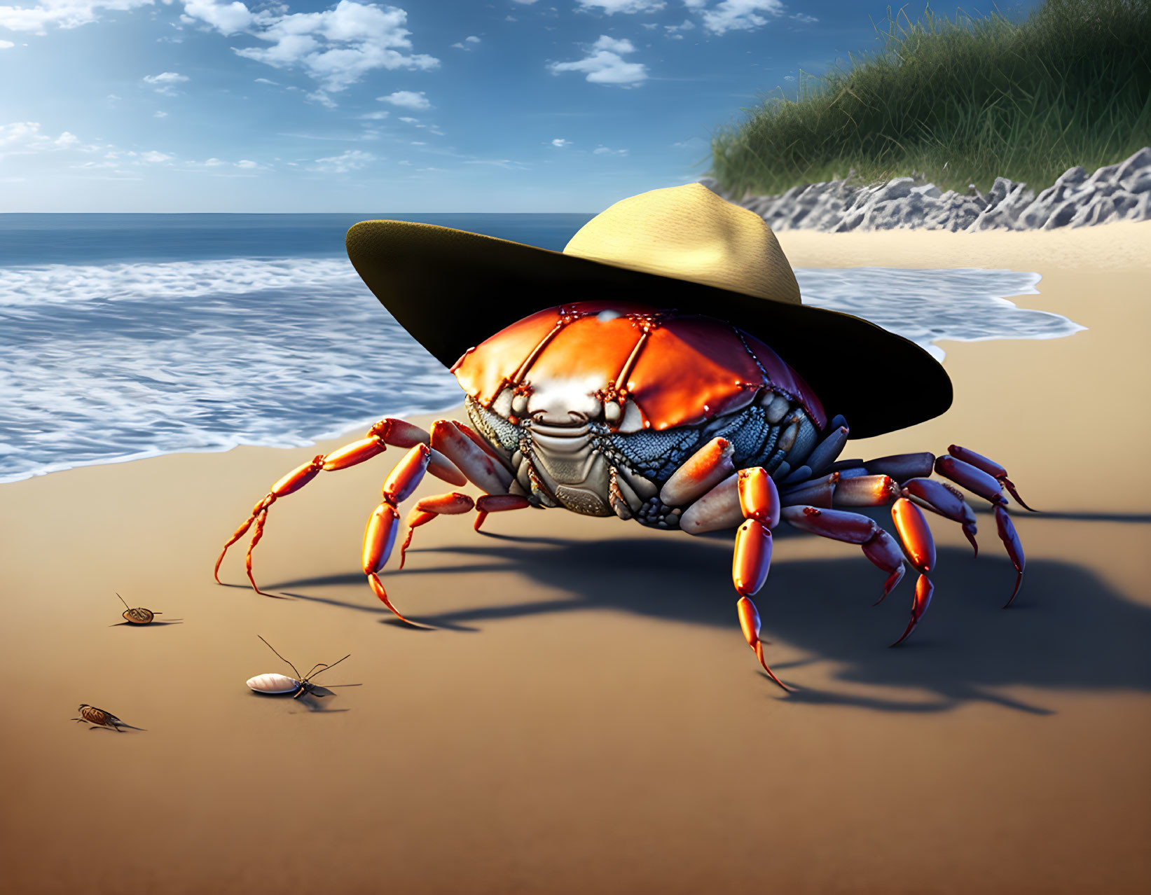 Colorful Crab with Sun Hat on Sandy Beach in Clear Sky