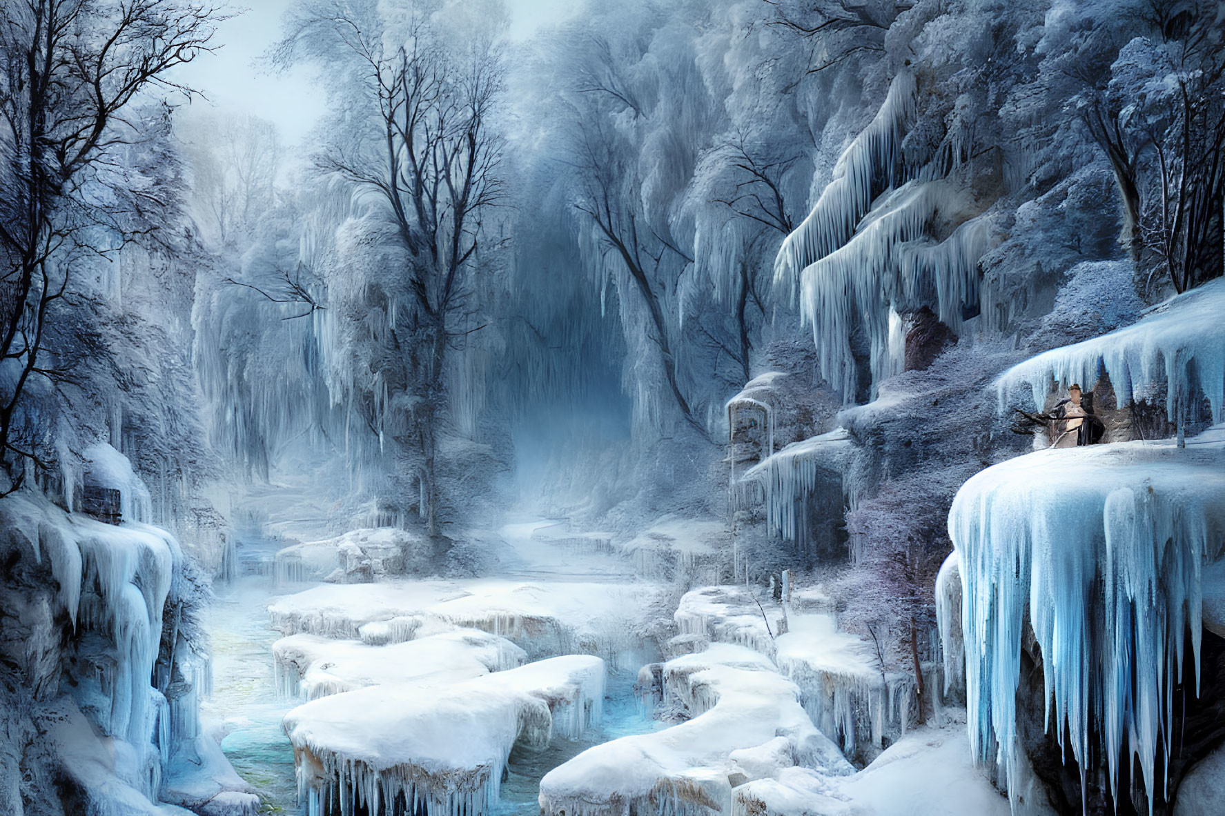 Frozen Waterfalls, Icicles, and Snow: Winter Landscape Scene