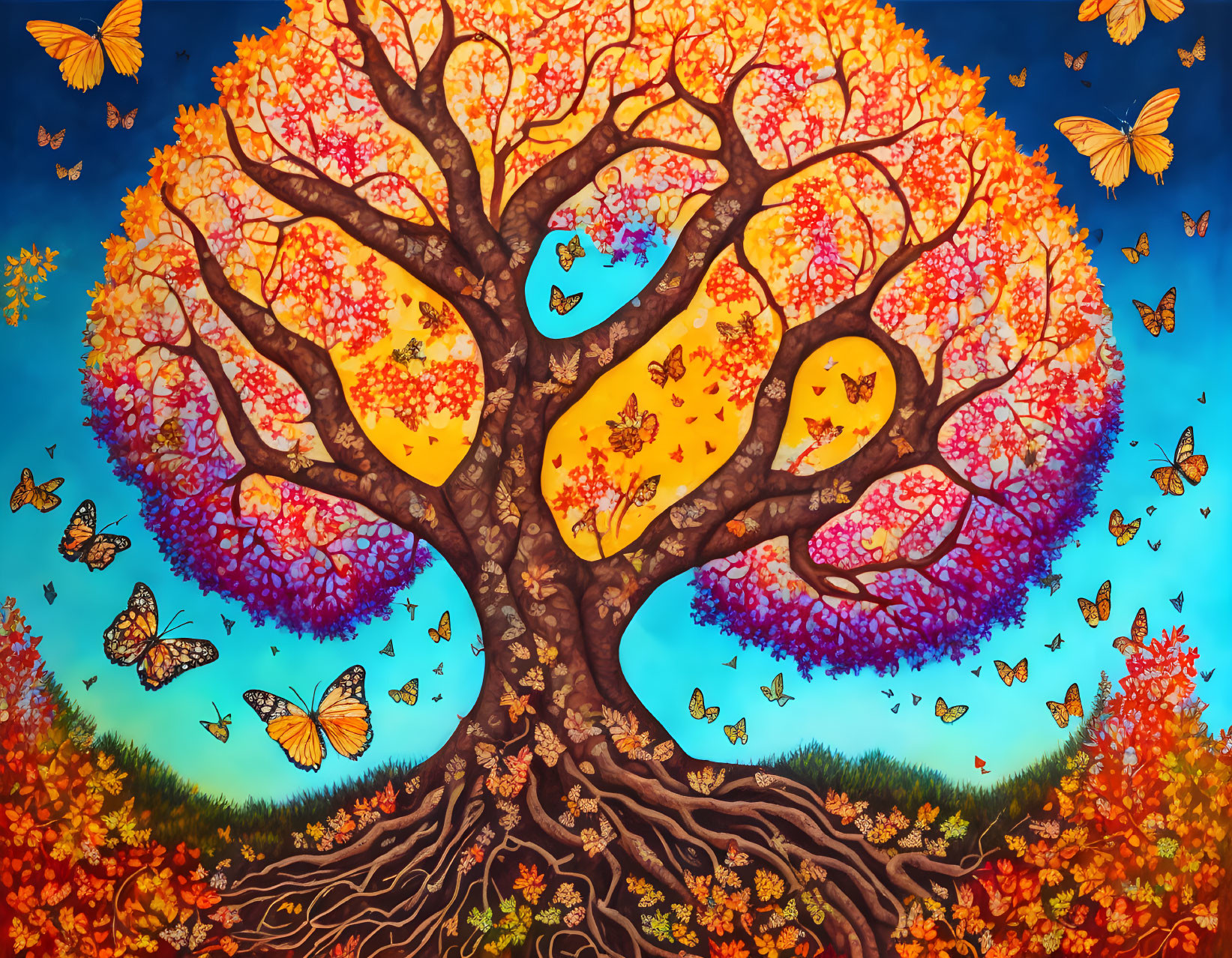 Colorful tree with butterflies under blue sky