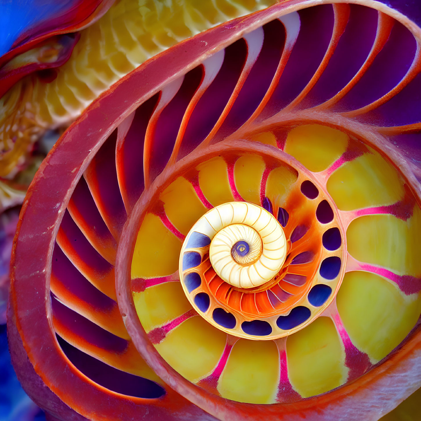 Colorful Nautilus Shell Pattern in Warm Tones on Blue Background