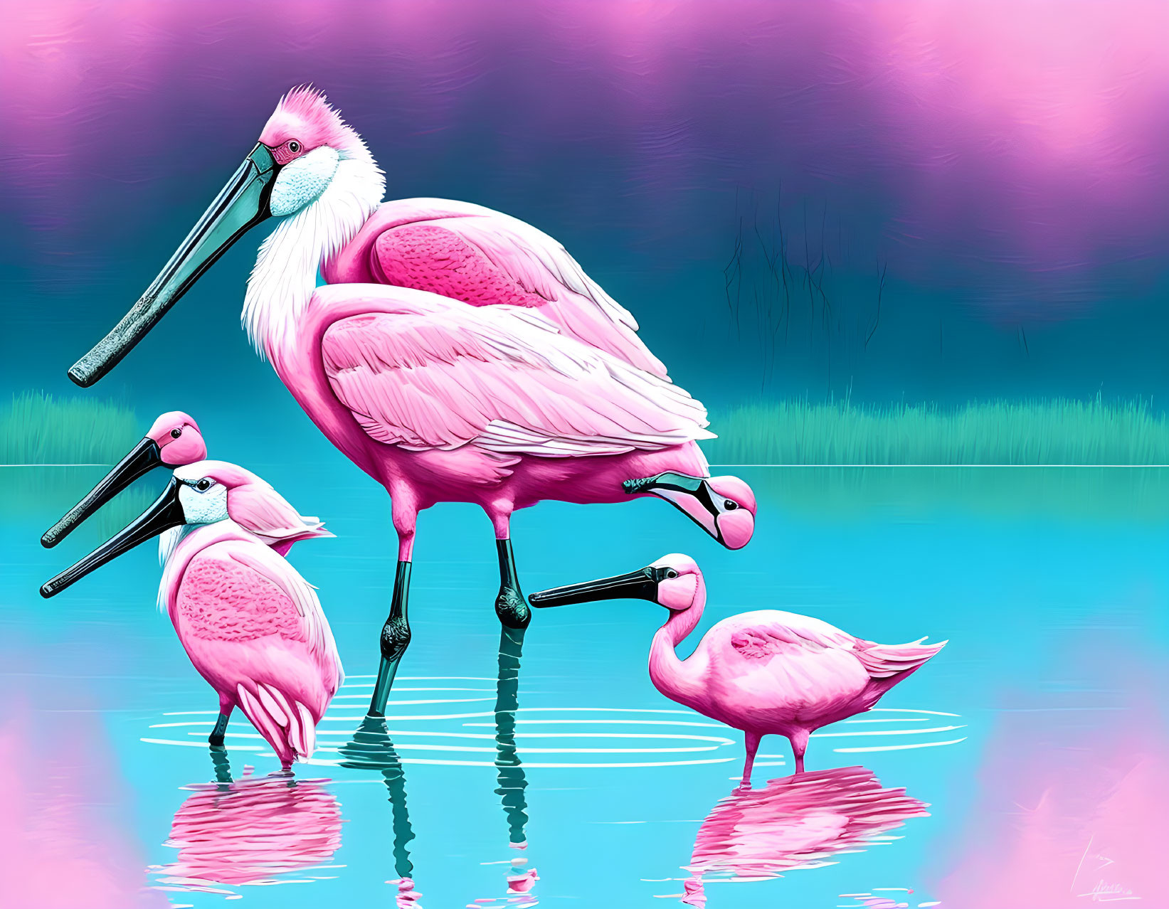 Four Vibrant Pink Flamingos in Shallow Water and Pink Teal Background