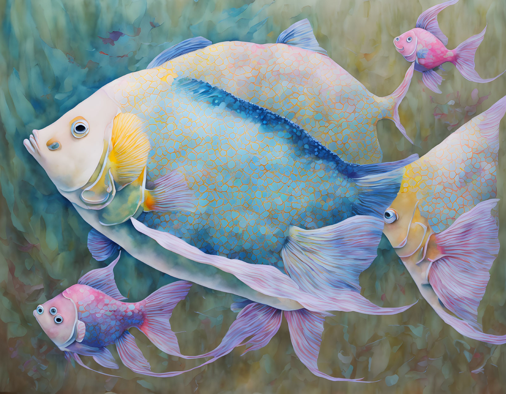 Vibrant painting of three fish with patterned scales on blue and green background