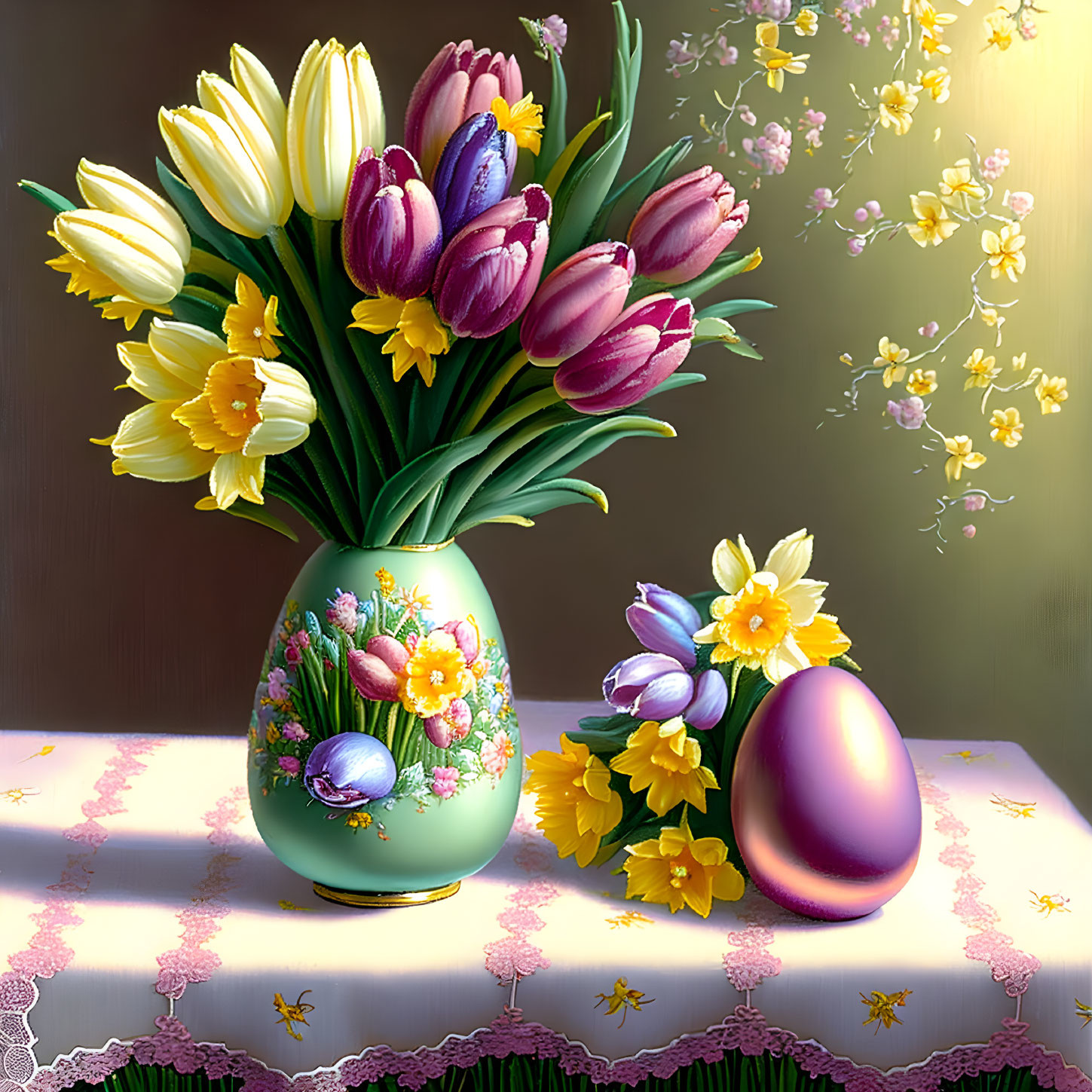 Colorful Tulips, Daffodils, and Easter Egg Still Life Composition