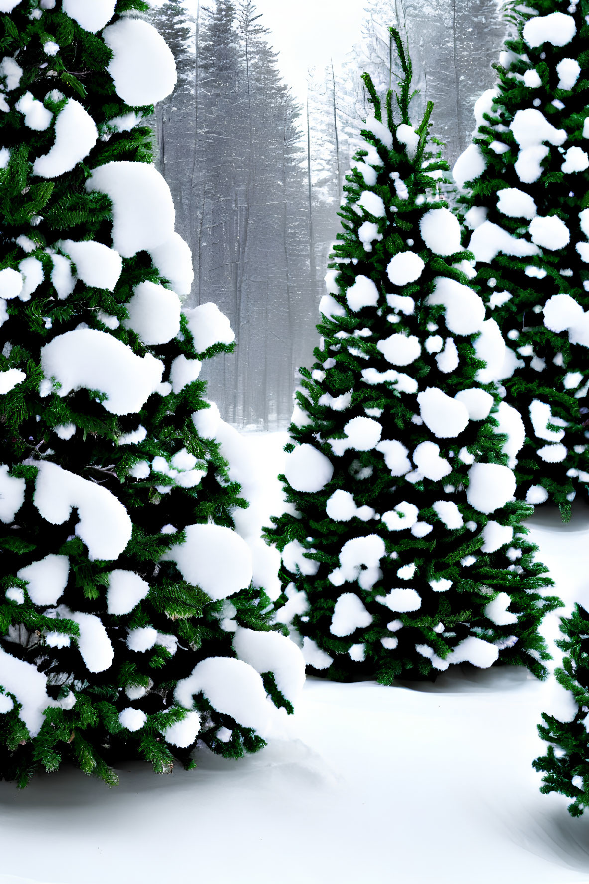 Snow-covered evergreen trees in misty winter forest.