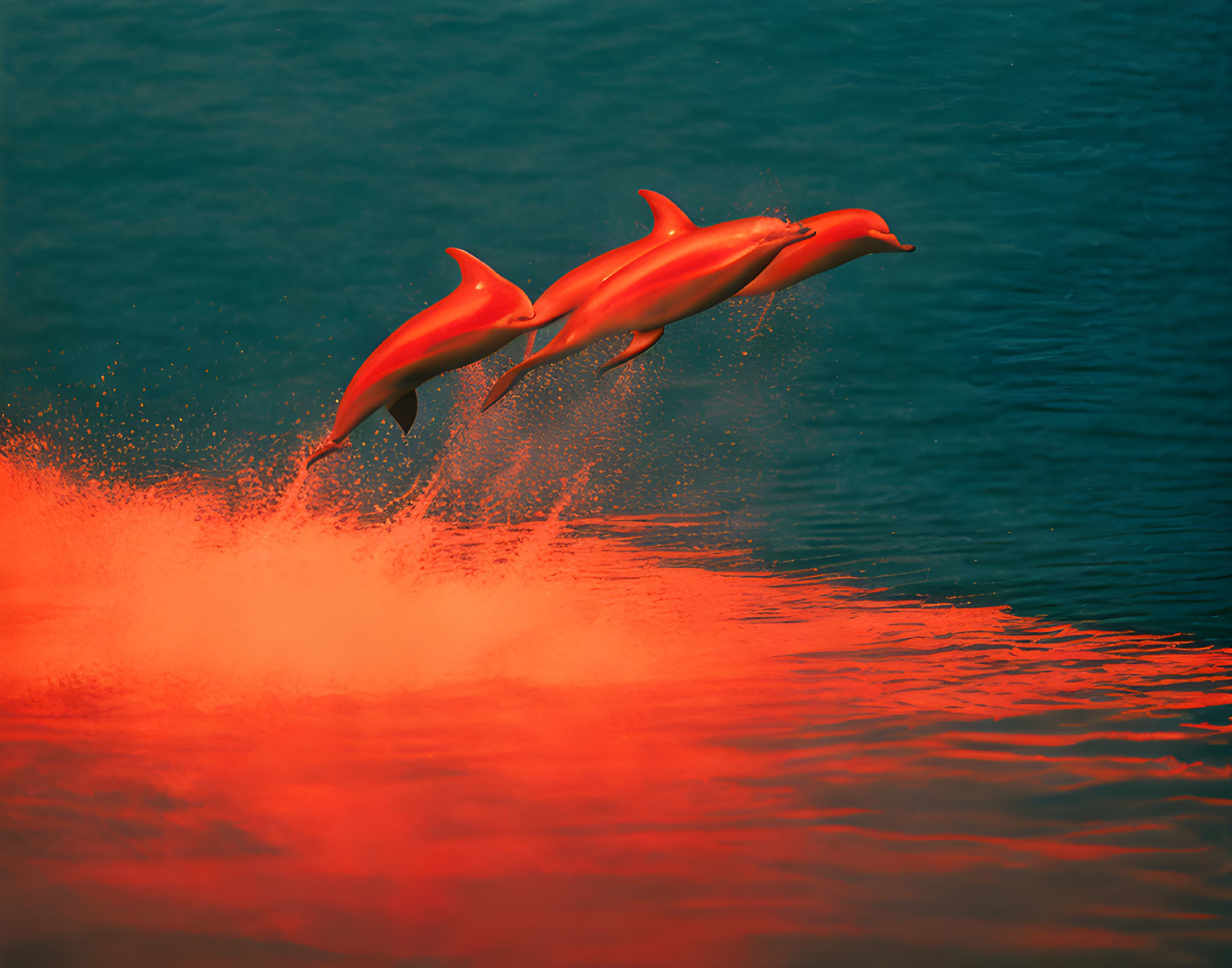 Vibrant red dolphins leaping from deep blue sea with red water splash