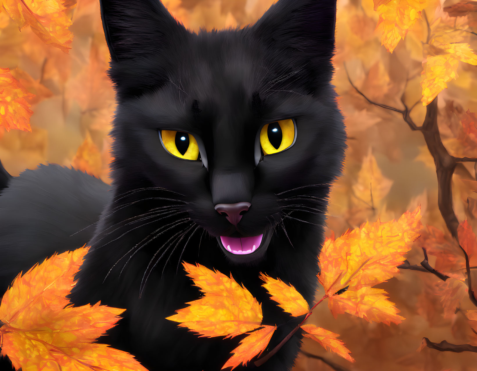 Black Cat with Yellow Eyes in Autumn Leaves