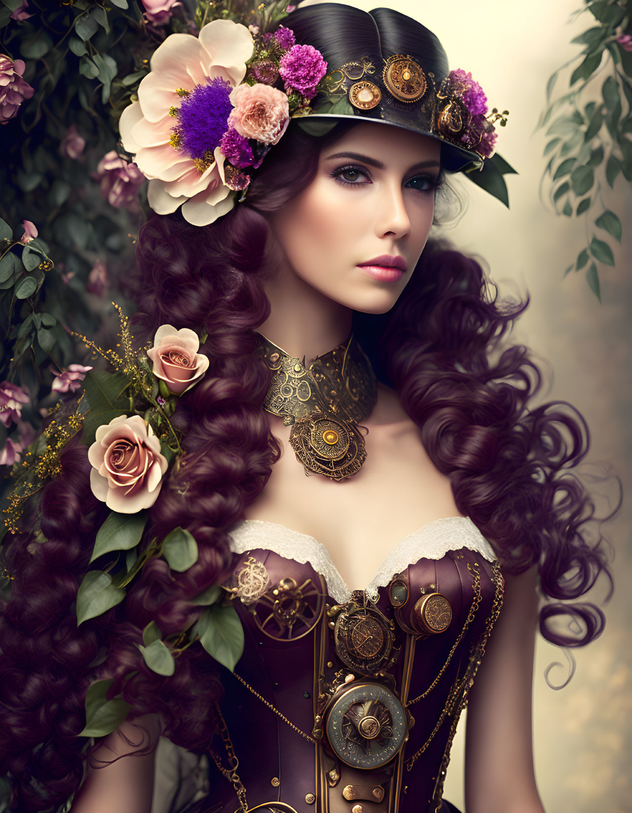 Woman with floral hat and steampunk attire.