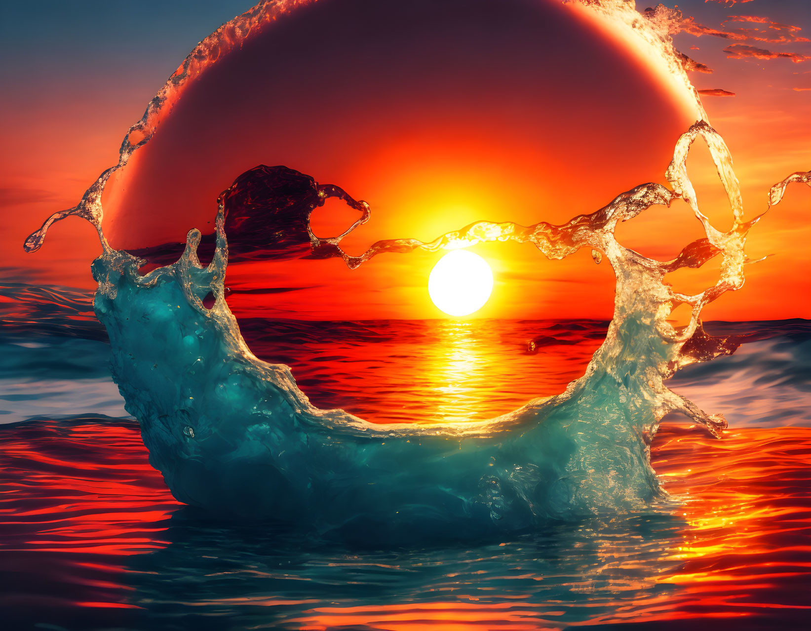 Surreal digital artwork: large water splash around setting sun in vivid red and orange hues