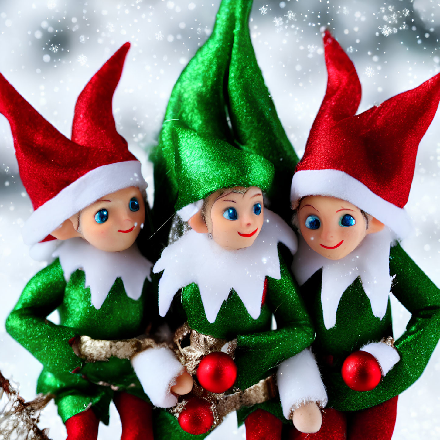 Christmas Elf Decorations in Red and Green Outfits on Snowy Branch