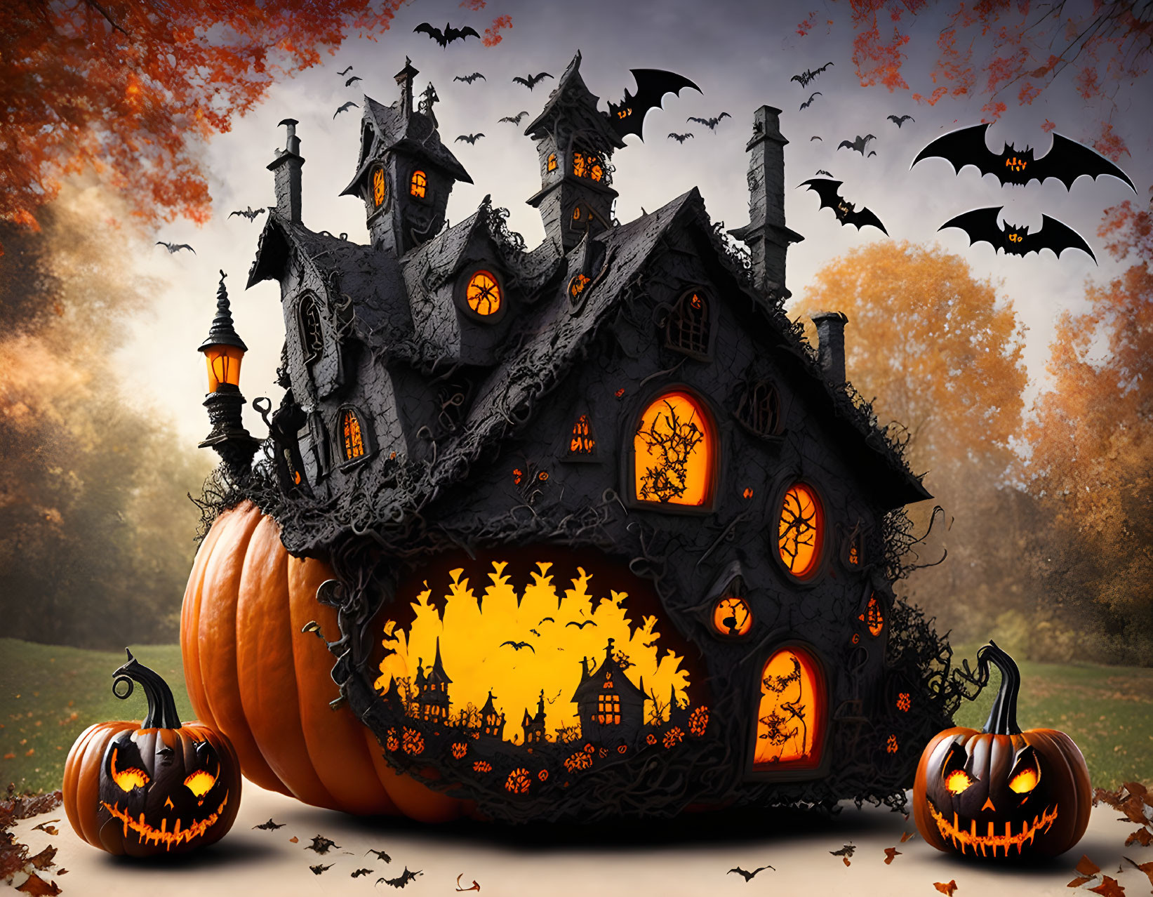 Spooky Halloween scene: Haunted house on giant pumpkin with bats & autumn backdrop