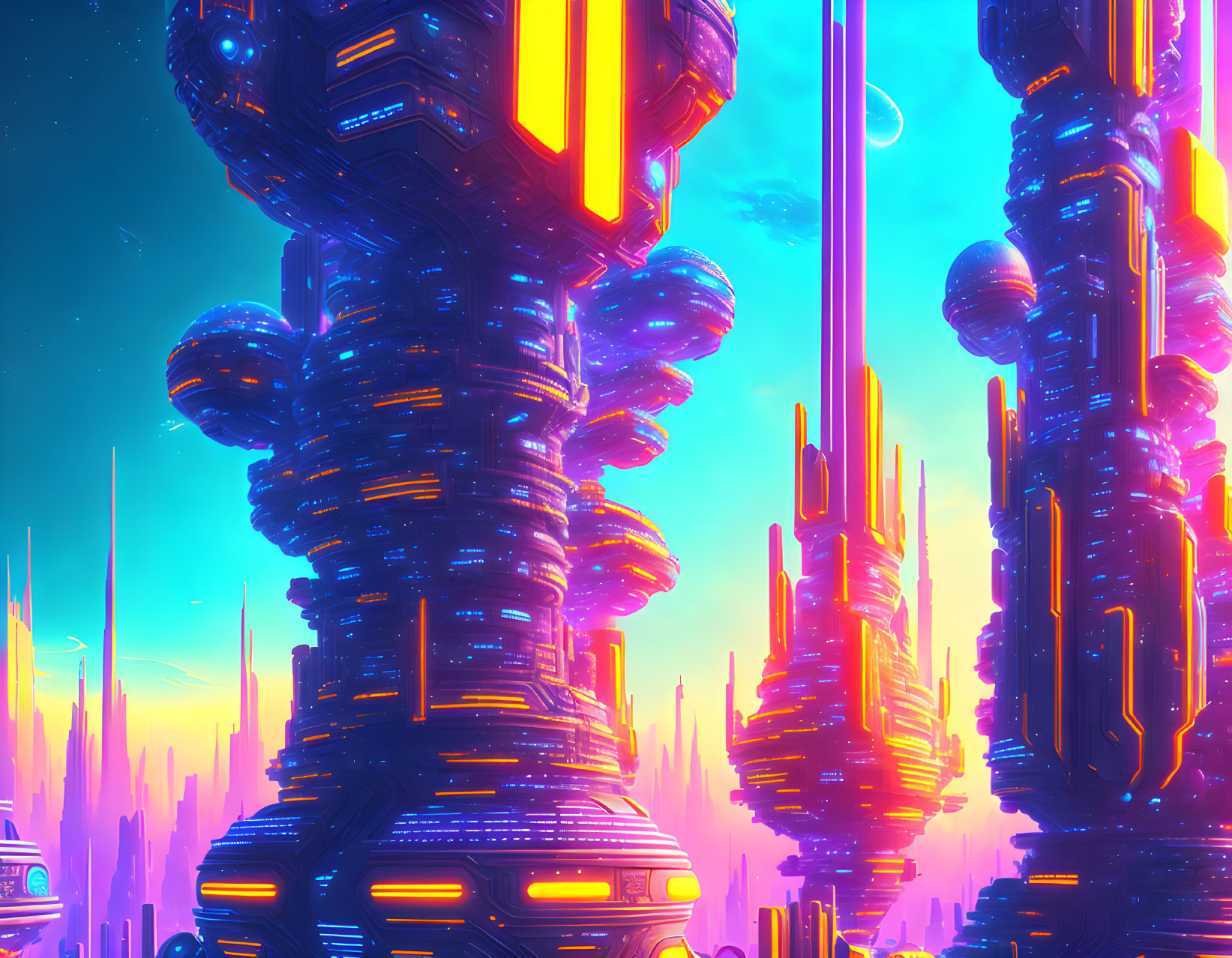 Futuristic cityscape with neon-lit skyscrapers and distant planet rings