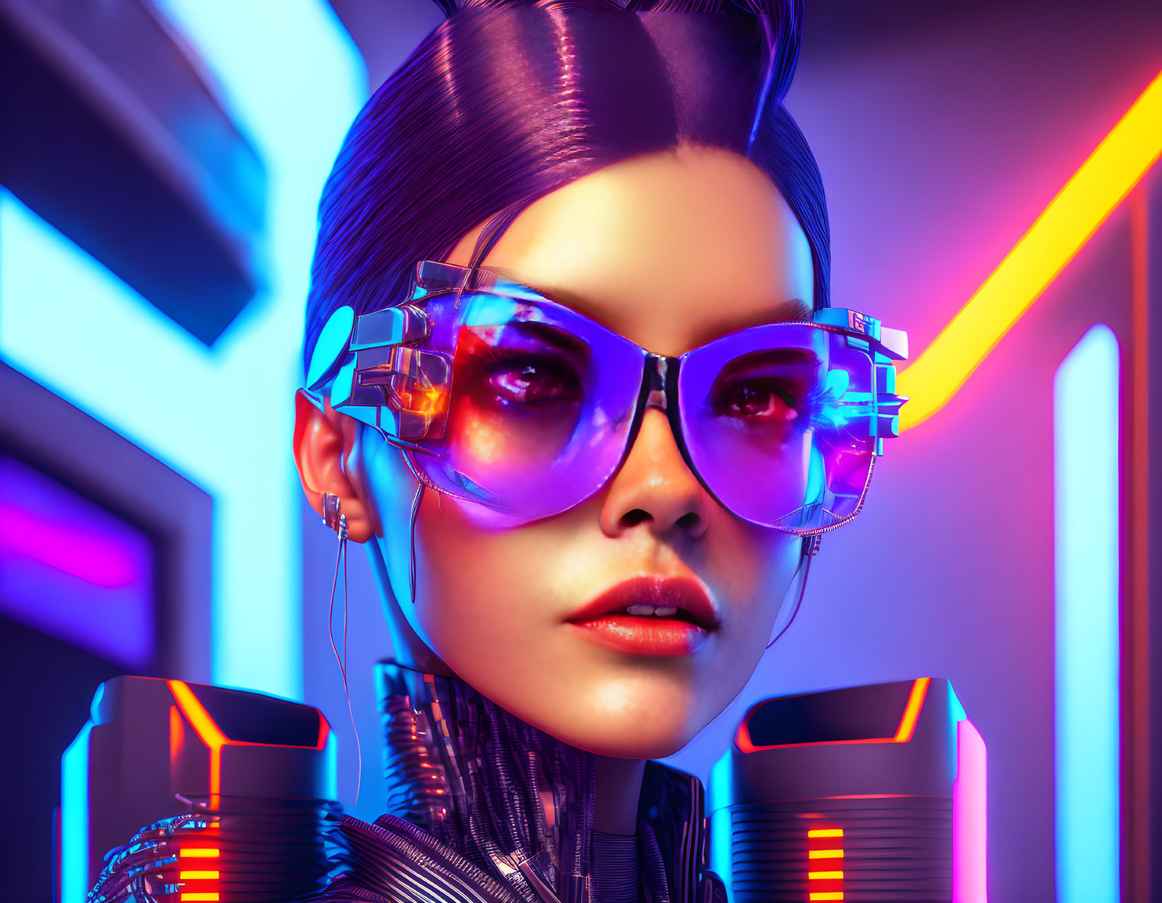 Digital portrait of woman with futuristic sunglasses and cybernetic neck devices