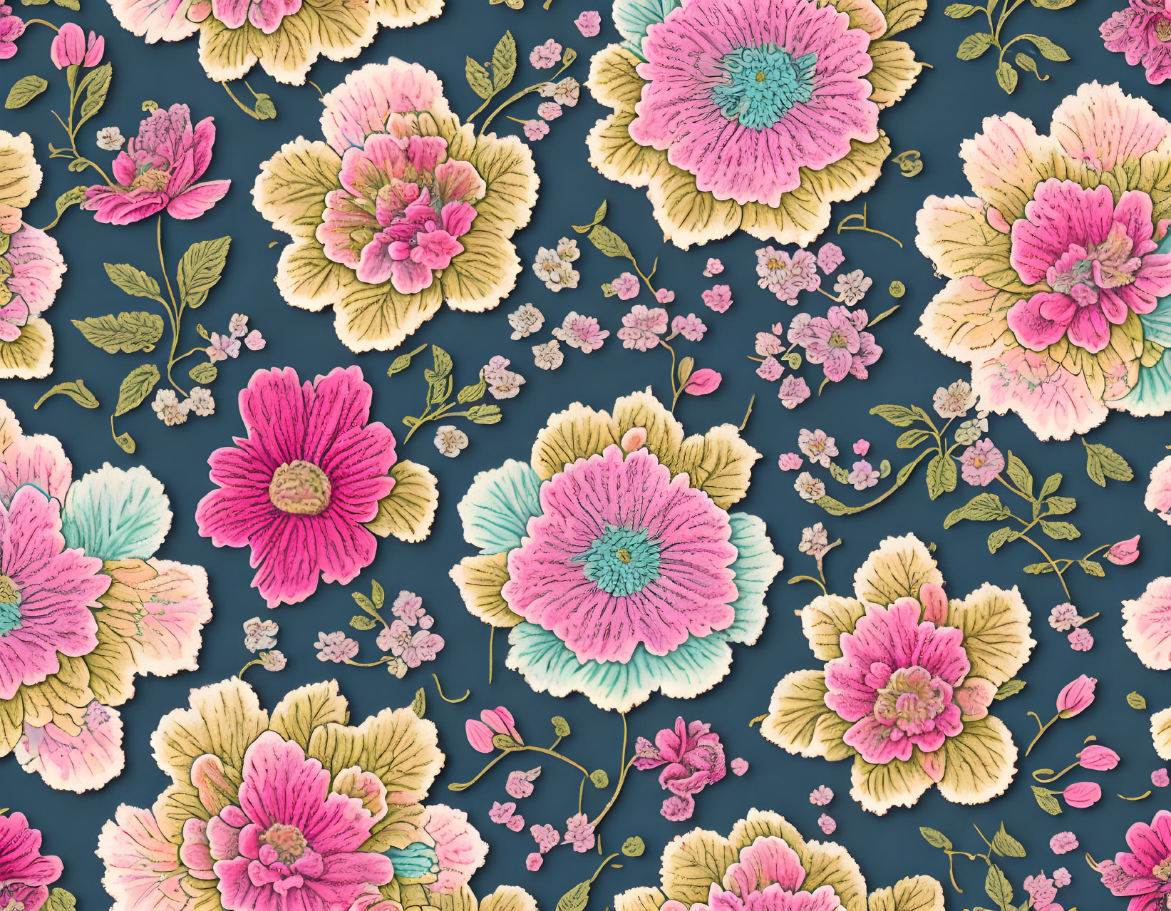 Large pink and yellow blooms on dark teal background with smaller flowers and leaves