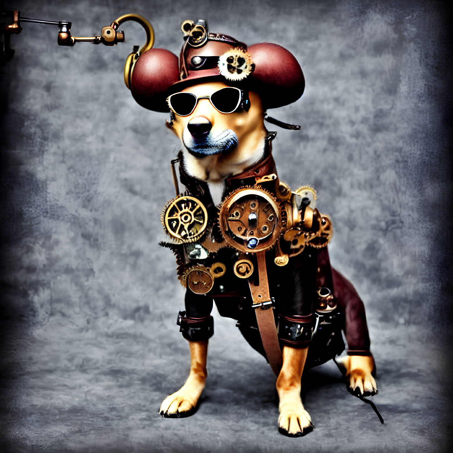 Steampunk-themed dog with goggles, top hat, and mechanical arm