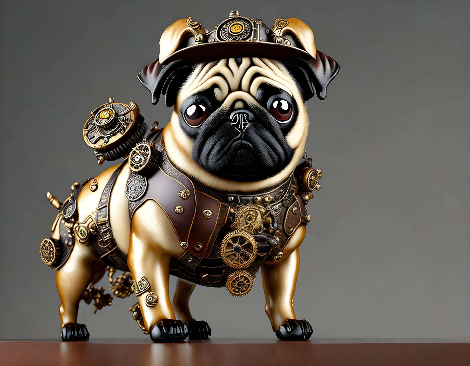 Steampunk-style pug illustration with mechanical enhancements