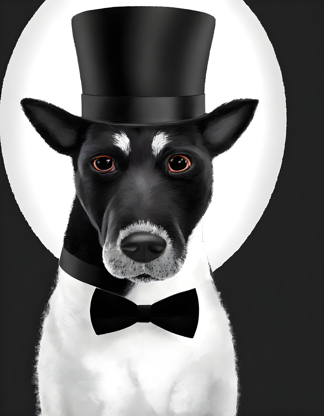 Black and white dog in top hat and bow tie on halo background