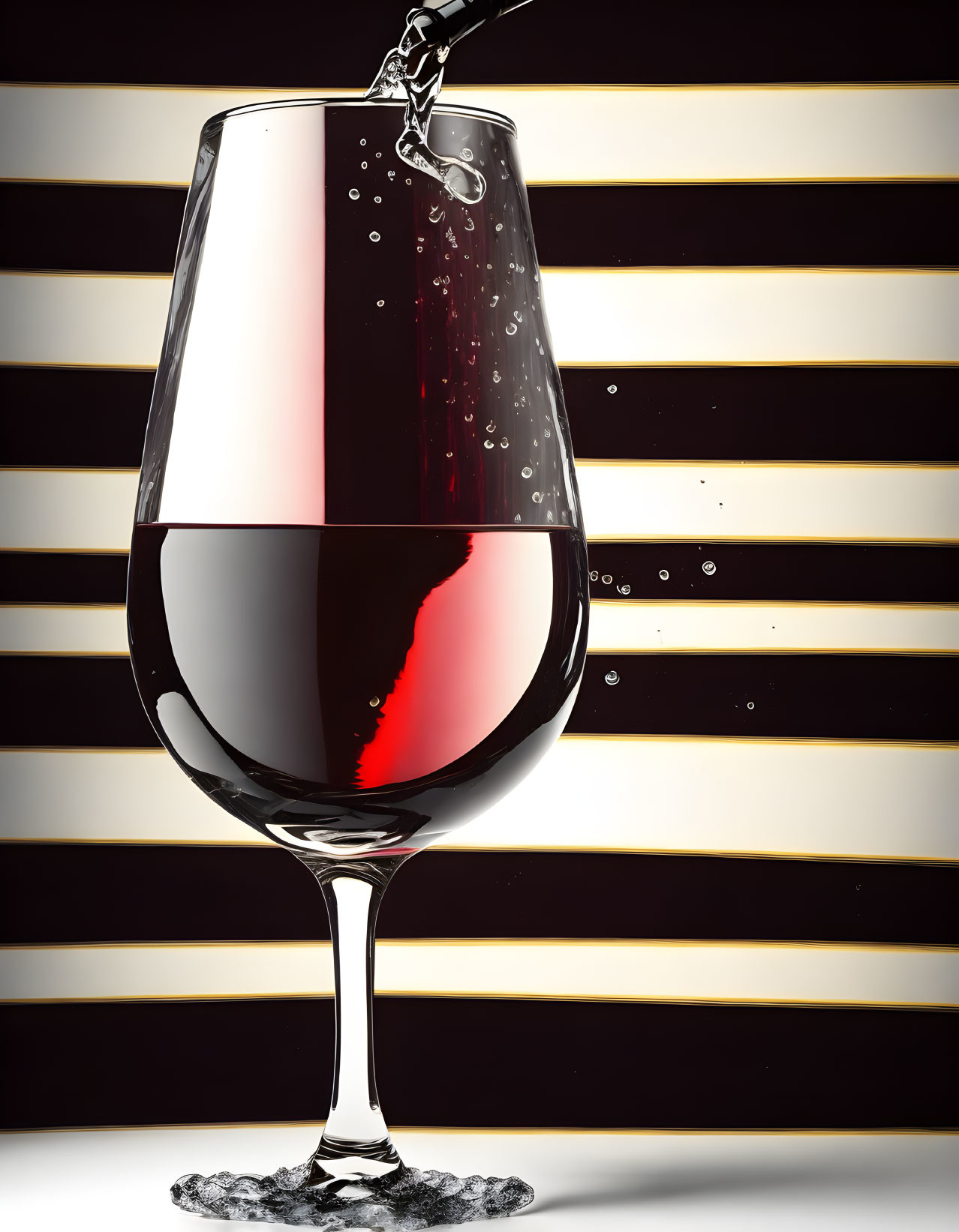 Pouring Red Wine into Glass on Striped Black and Gold Background