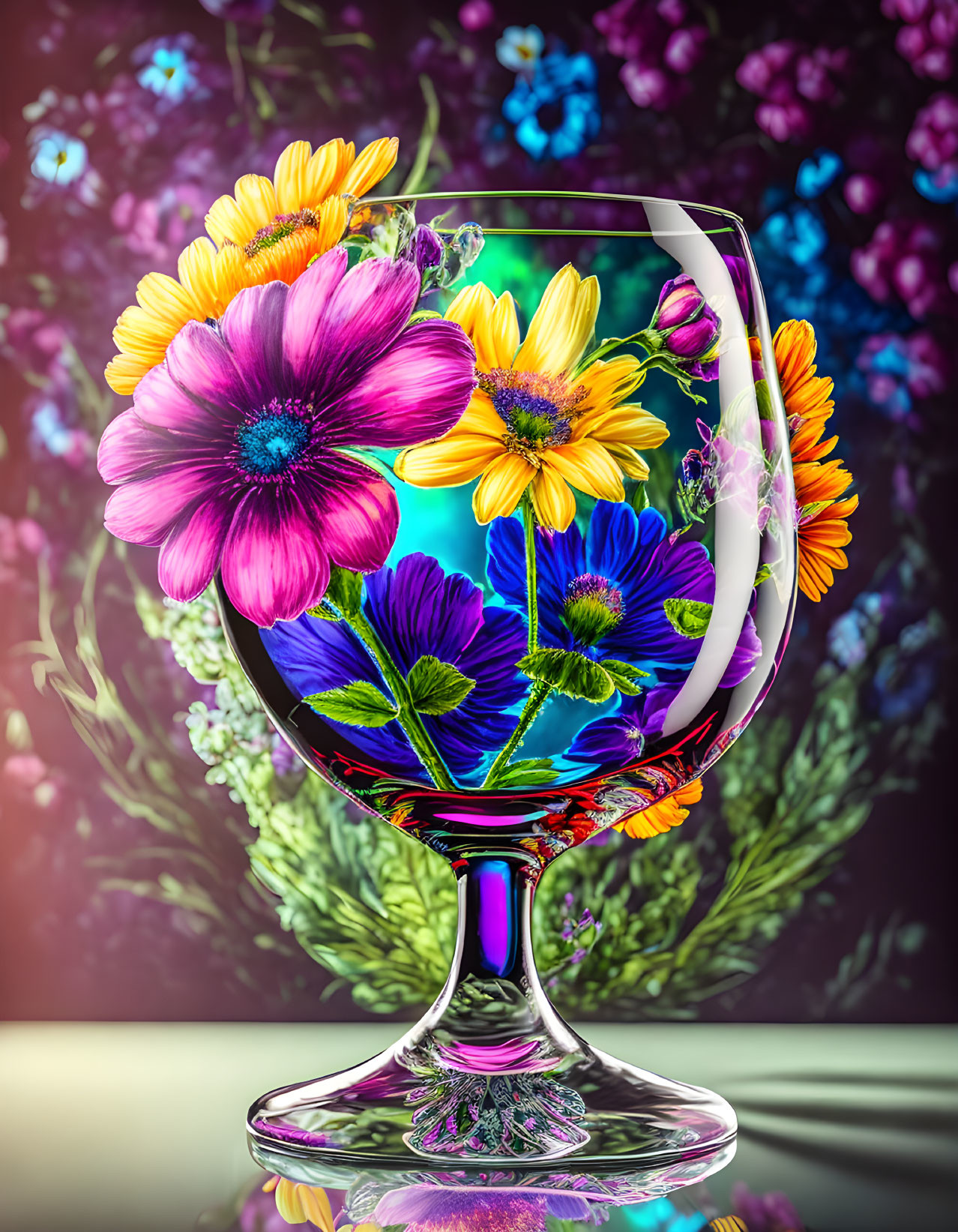 Colorful Flowers in Vibrant Wine Glass on Purple Bokeh Background