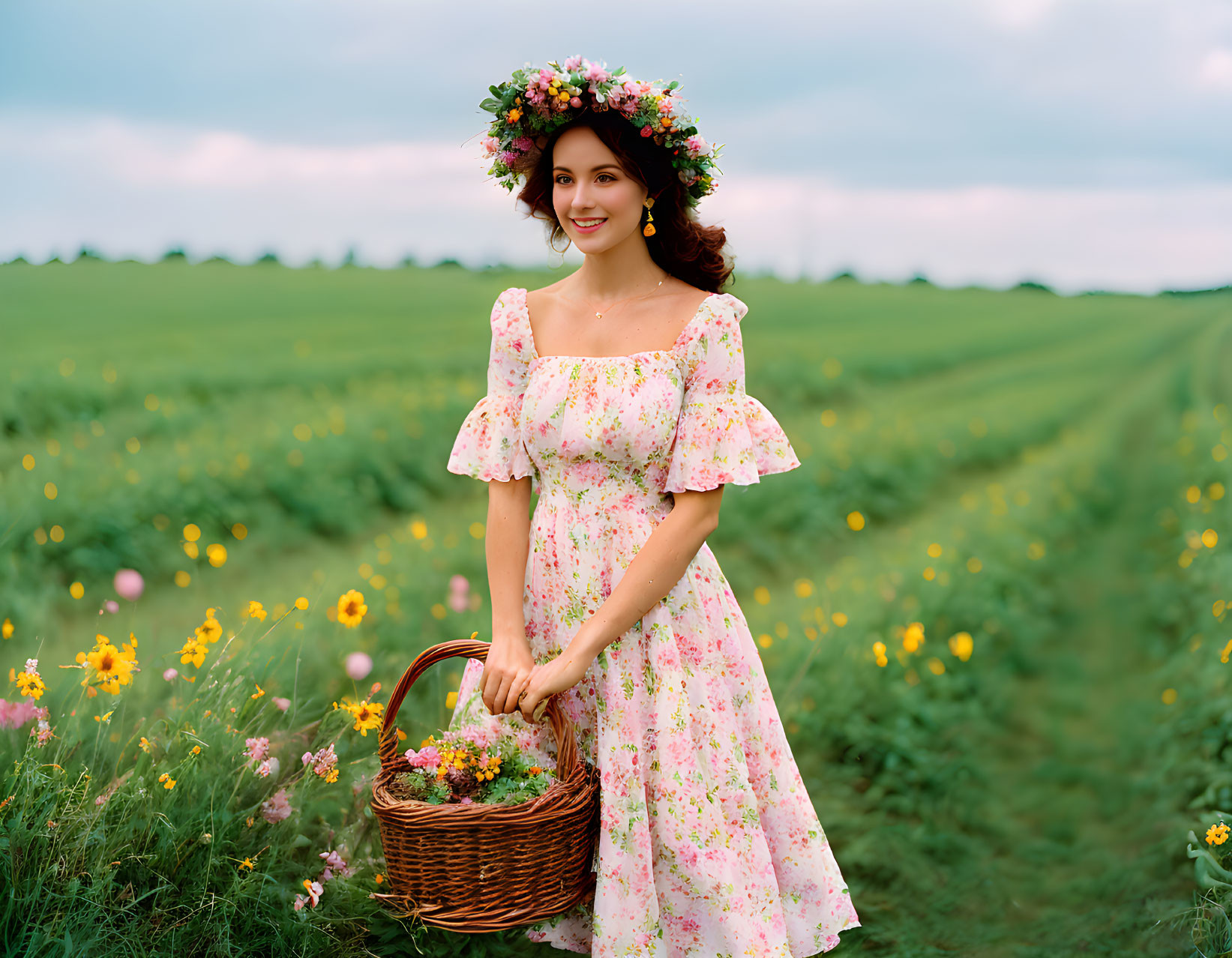 Smiling woman in floral dress with flower crown in green field