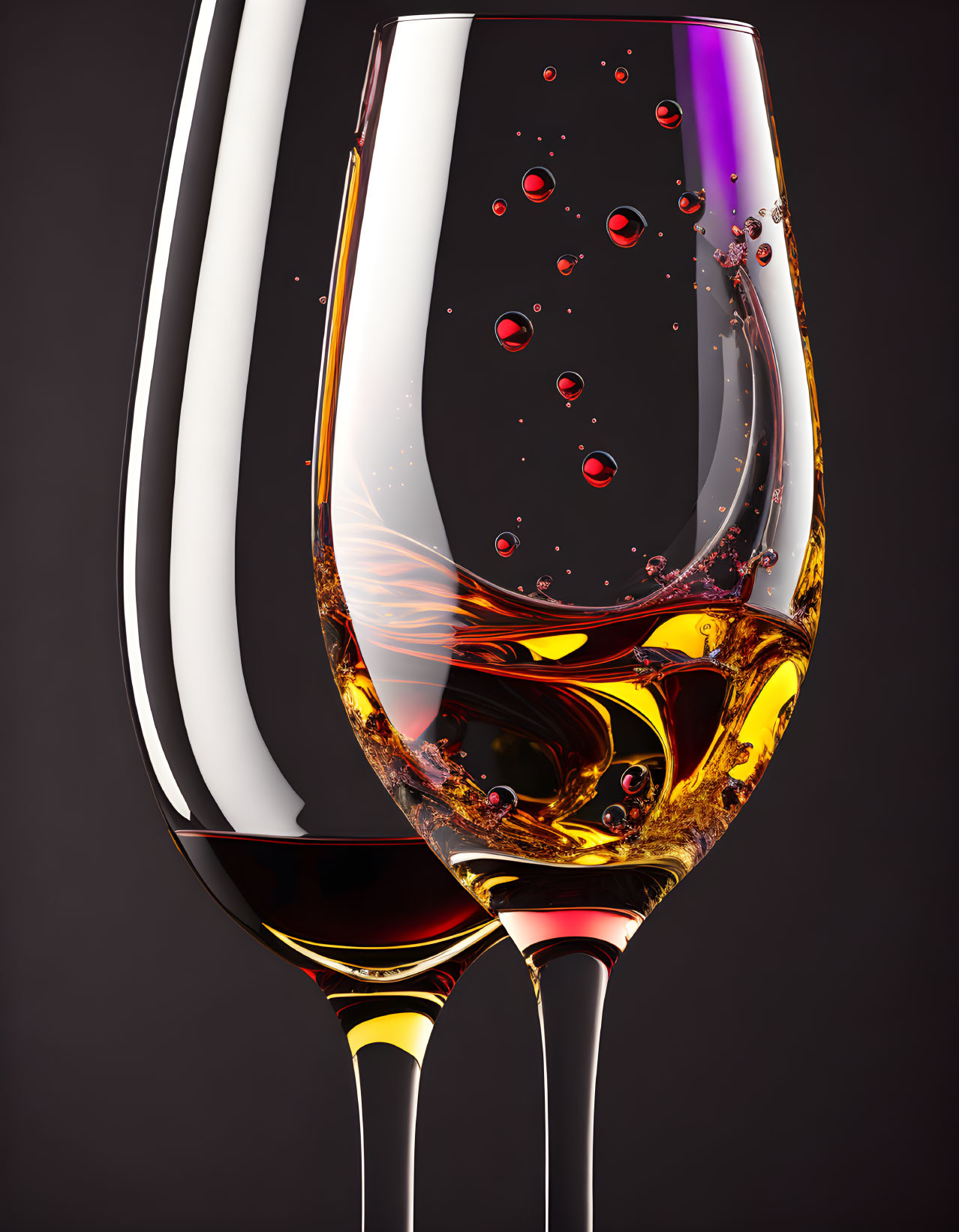 Amber liquid splashing in wine glasses on dark background