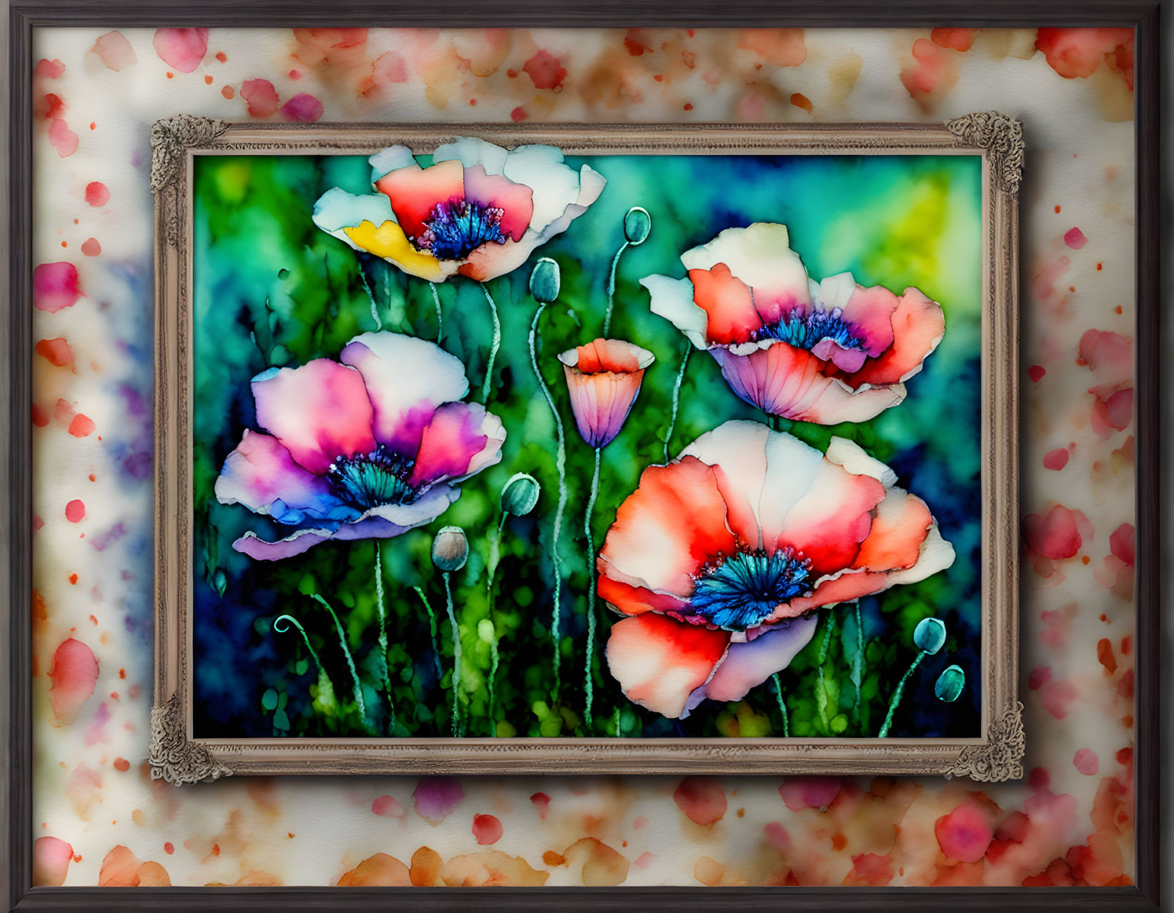 Colorful Poppy Painting in Classic Frame with Dreamy Background