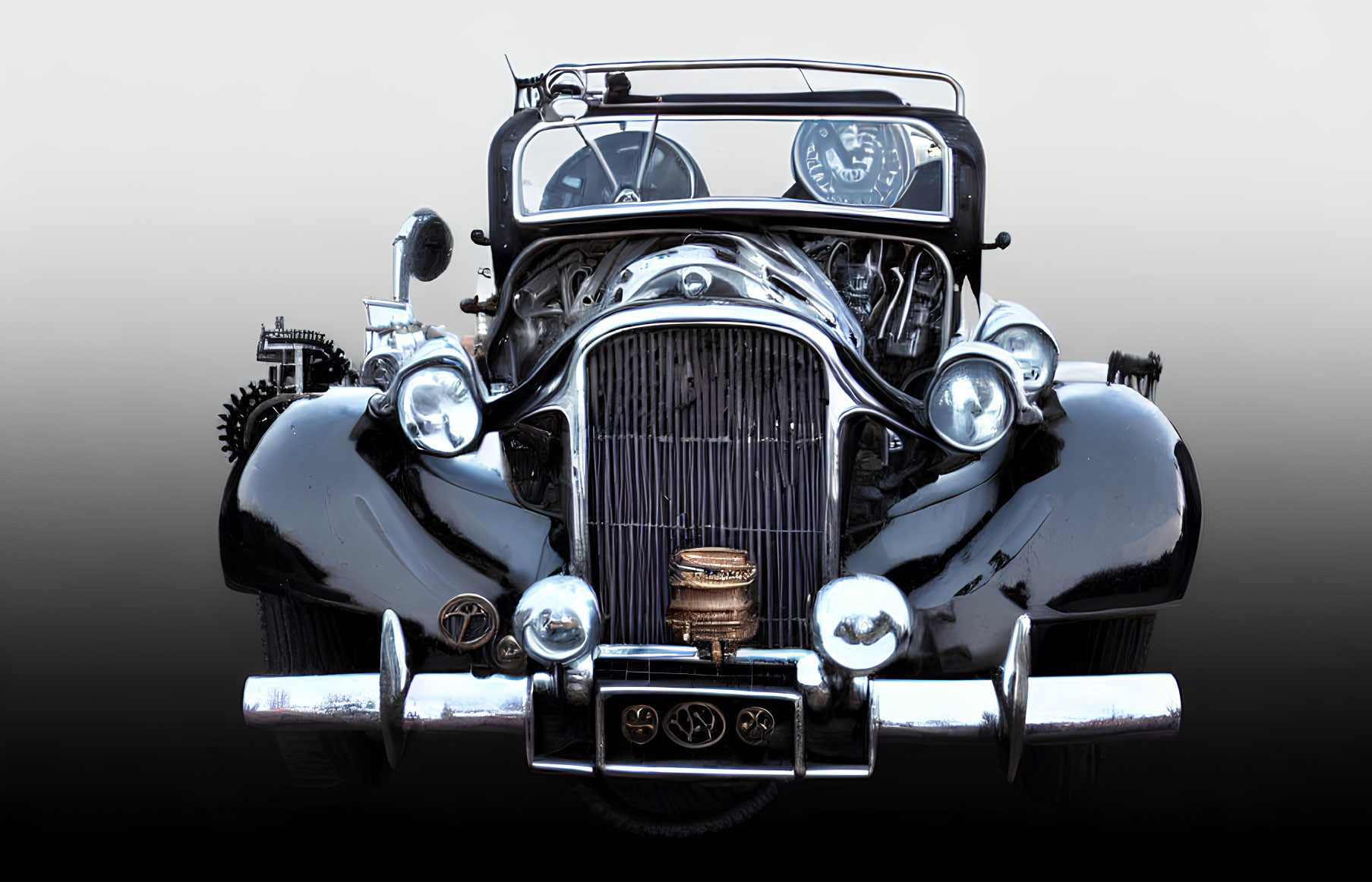 Classic Vintage Car Frontal View with Chrome Details and Intricate Grille