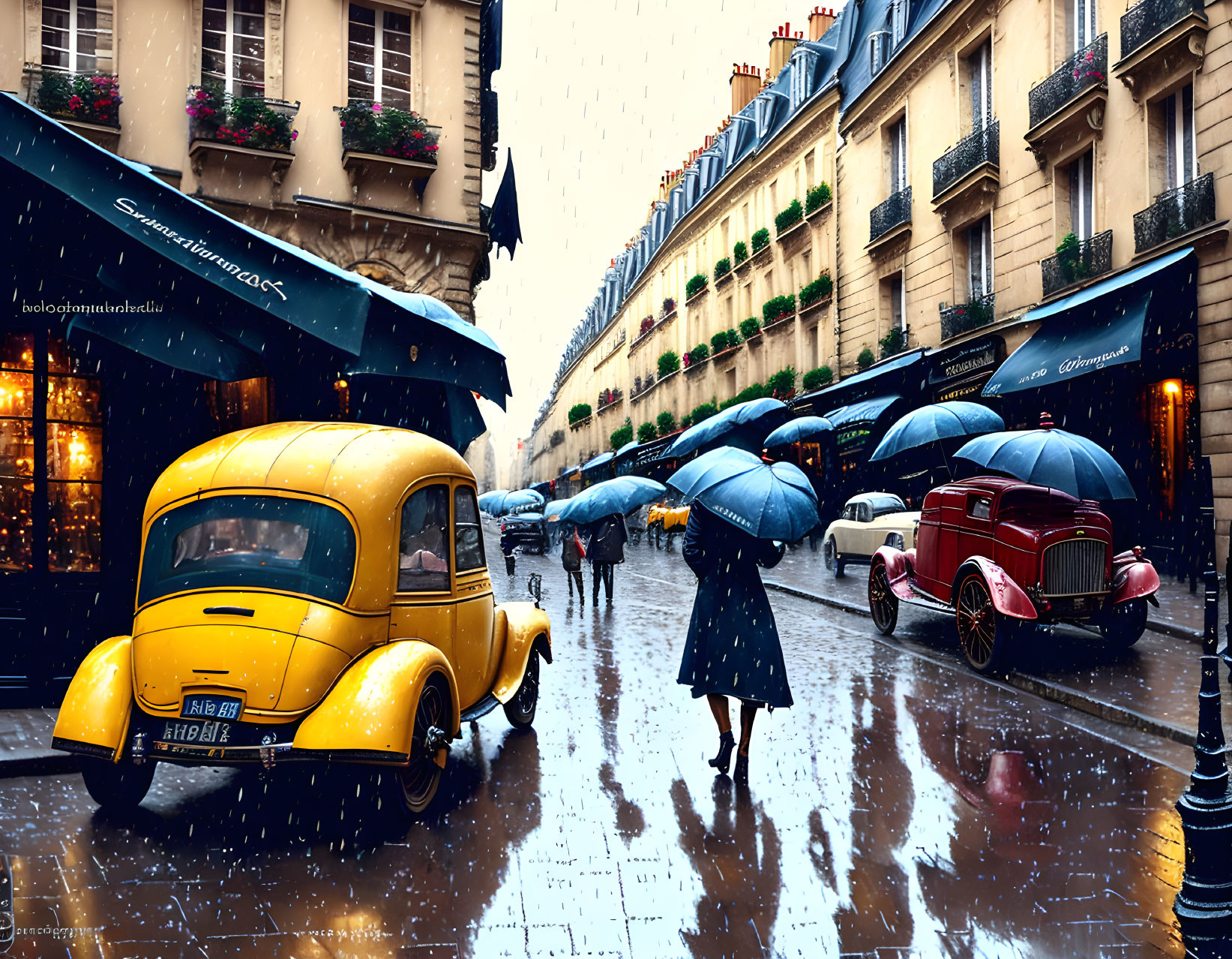 Snowy Parisian Street Scene with Umbrellas and Classic Cars