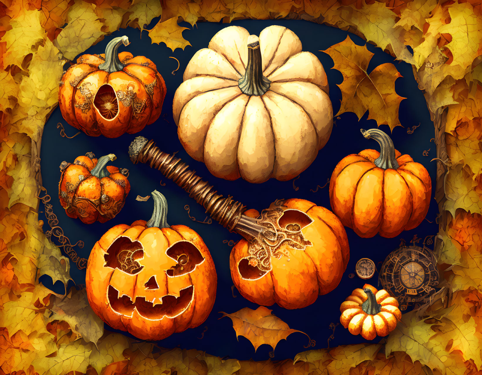 Colorful Pumpkin and Gourd Illustration with Autumn Leaves on Dark Background