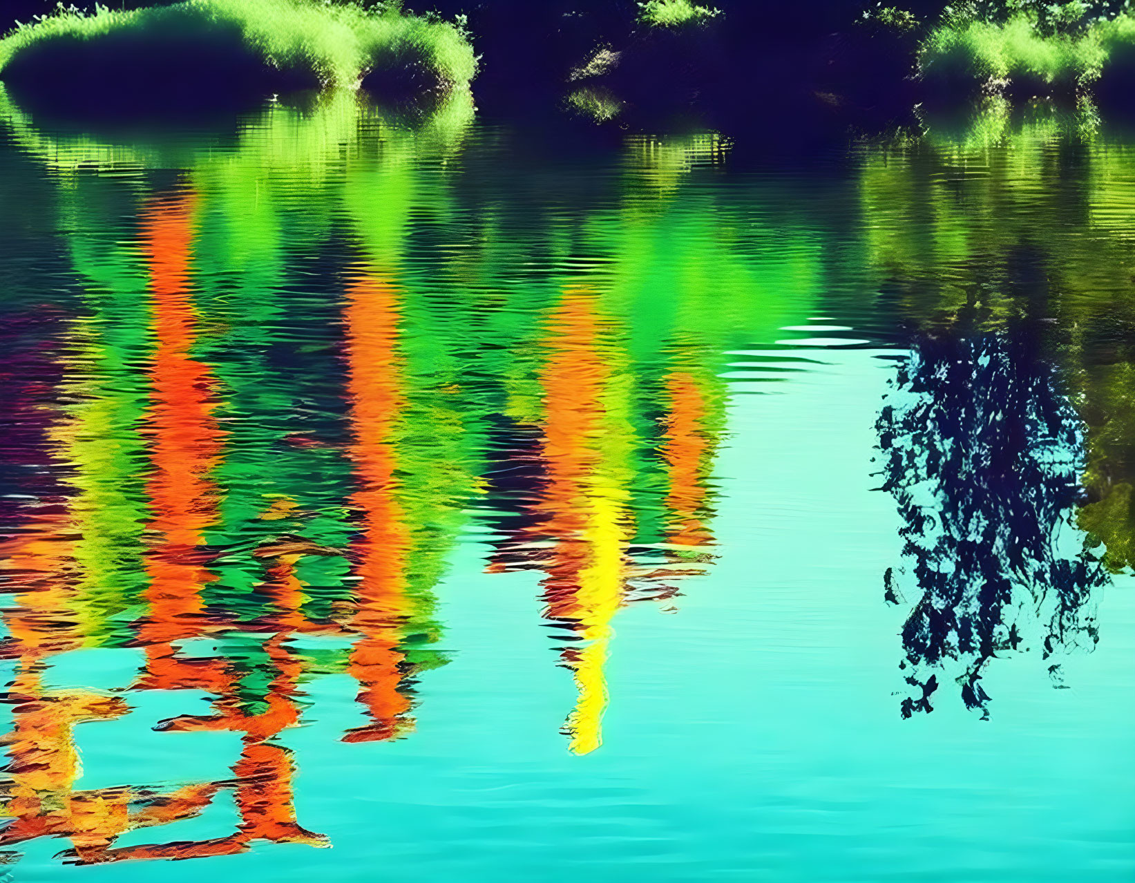 Colorful Tree Reflections in Water with Green, Orange, and Yellow Hues