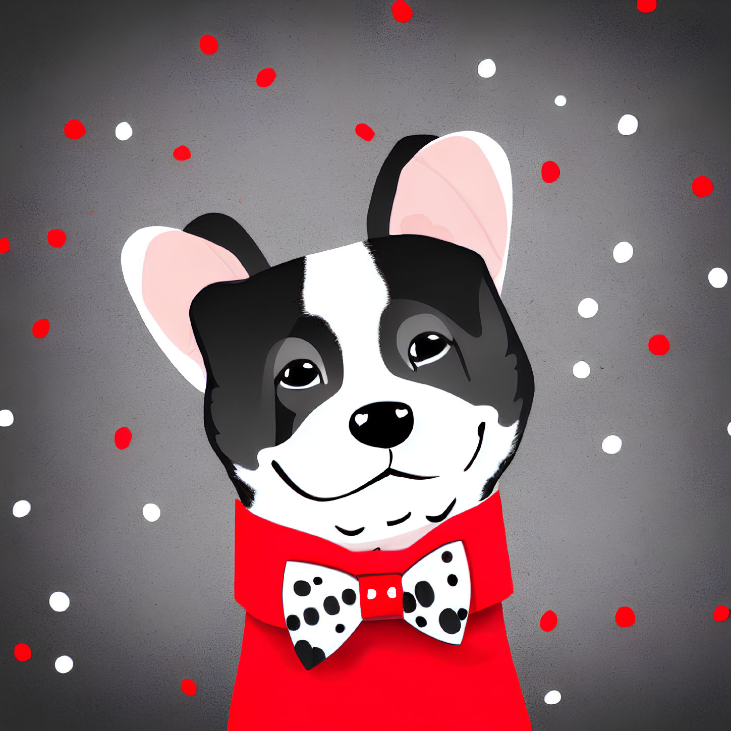 Smiling black and white dog in red bow tie on grey background with red and white dots