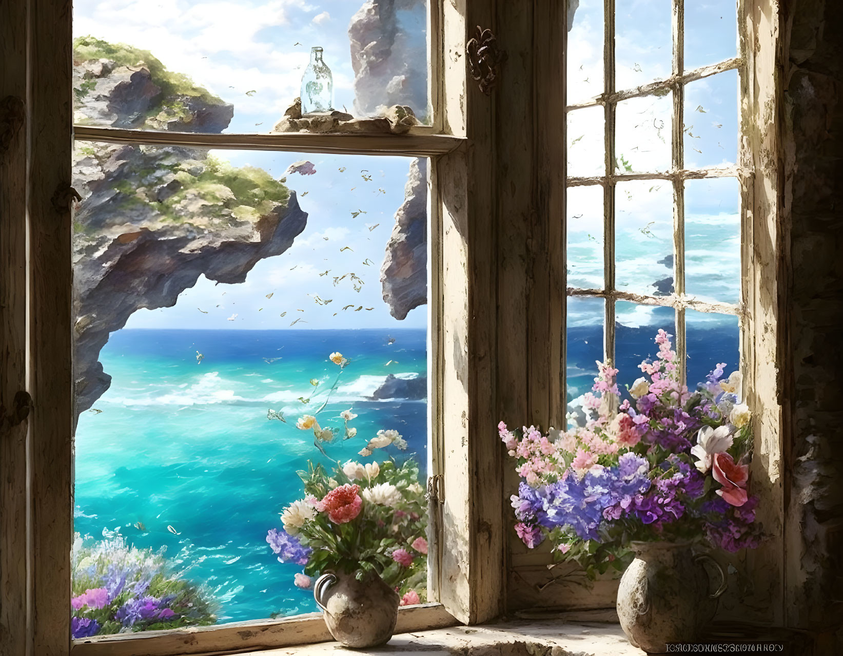 Rustic window with sea view, rocky cliffs, birds, and colorful flowers