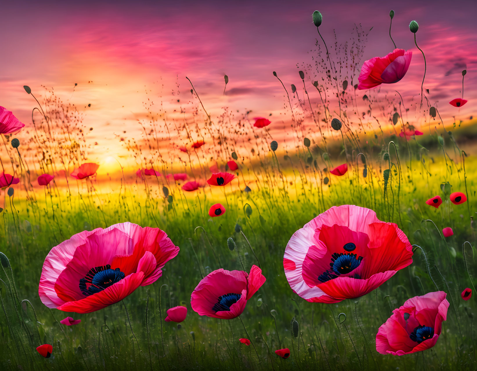 Bright red poppies in field against pink and orange sunset sky