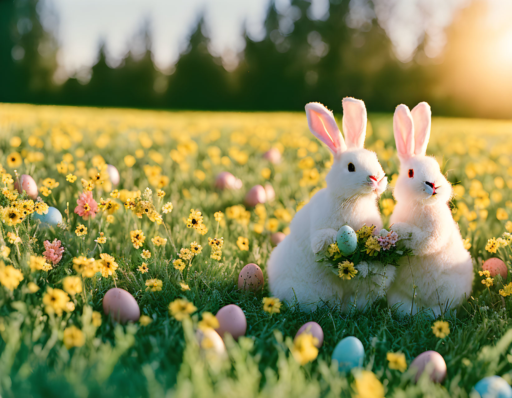 Pair of plush rabbits with Easter basket in yellow flower field at golden hour