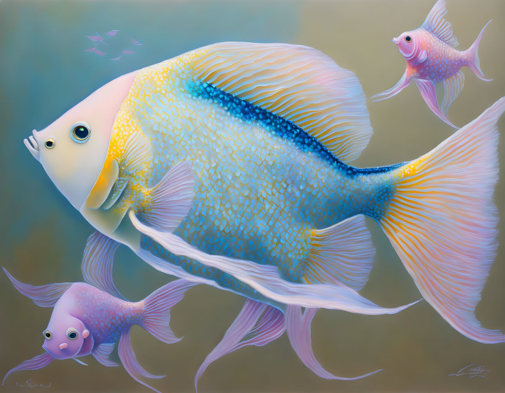 Colorful Digital Artwork of Oversized Fish in Blue, Yellow, and White